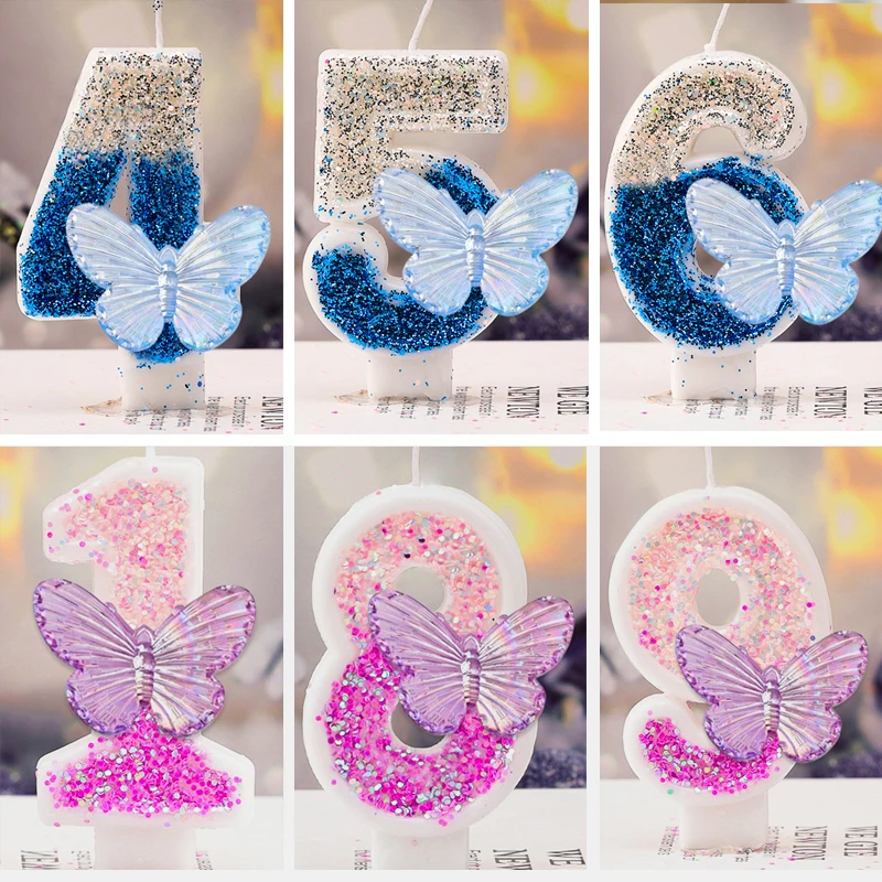 Sparklers Birthday Candle with Butterfly Purple Blue Children's Birthday Candles 4th for Girls Cake Topper Decorations