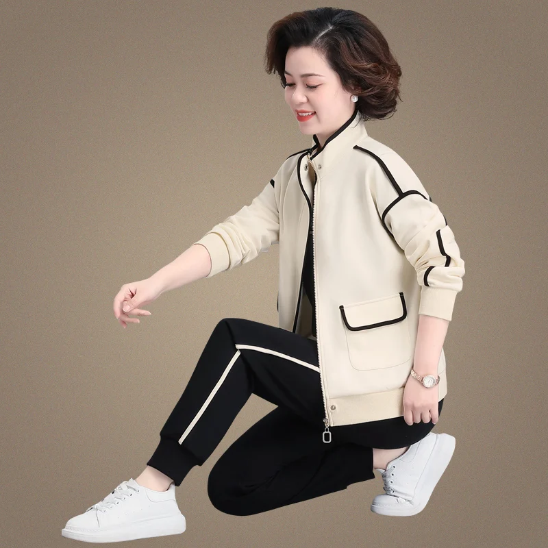 

Осенний повседневный комплект-двойка 2024: Новинка для женщин среднего возраста, весенне-осенний спортивный костюм из полиэстера и вискозы на молнии