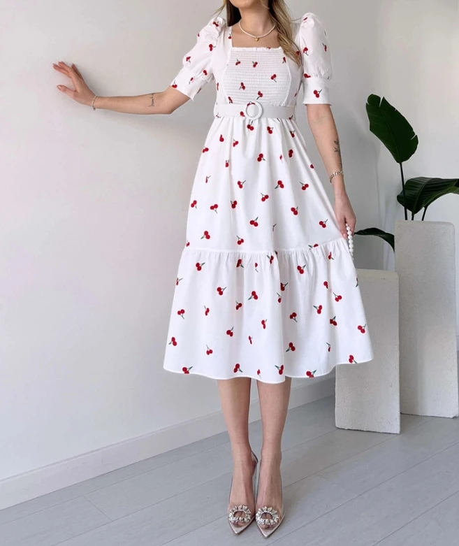 

New Fashion 2024 Spring/summer Women's Mid Length Dress Fashionable Cherry Print Temperament Tie Waist U-Neck Dress