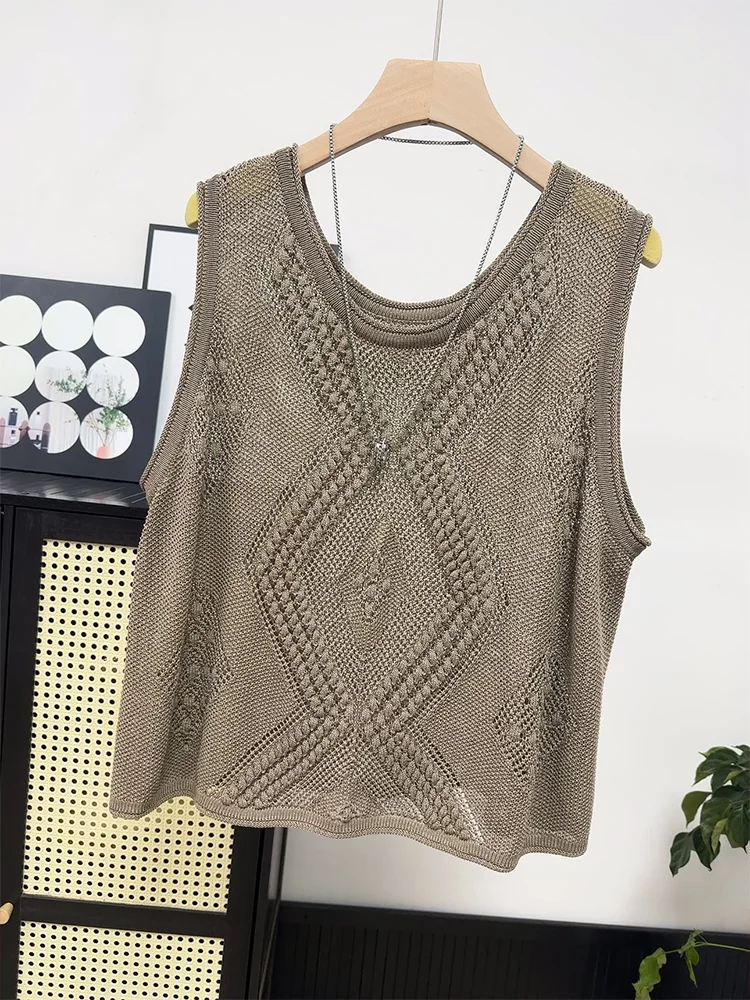 

High Quality Round Neck Hollowed Out Knitted Camisole Vest for Women's New Summer Thin Cut Camisole with Short Tank Top