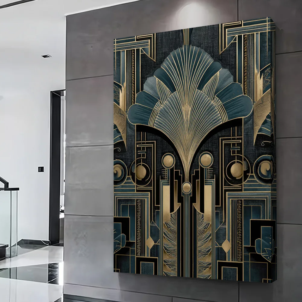 Art Deco Teal and Gold Pattern Printing Poster Customizable Pictures Wall Art Canvas Painting for Interior Accessories Wand Deko
