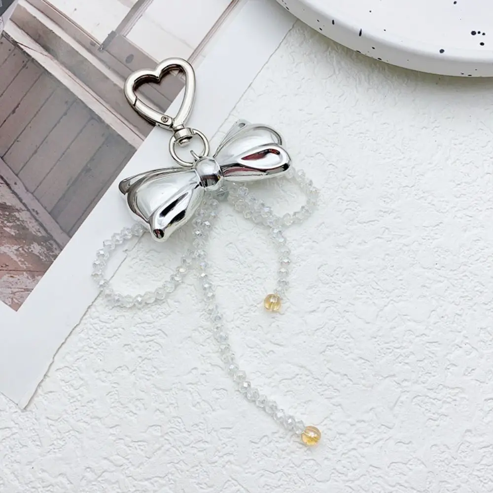 Sweet Beaded Bow Bag Pendant Metal Korean Style Bowknot Keychain Backpack Decoration Balletcore Y2k Bag Hanging Women