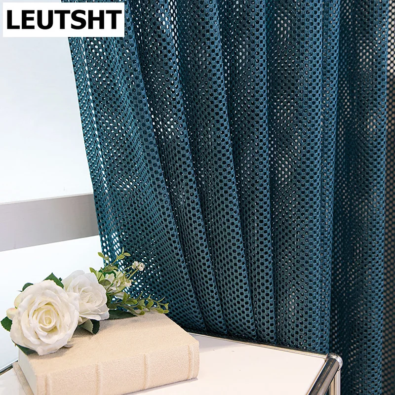 

Nordic fabric Curtains for Living Dining Room Bedroom Modern High-end Window Screen Villa Translucent Navy Blue Thick Tulle