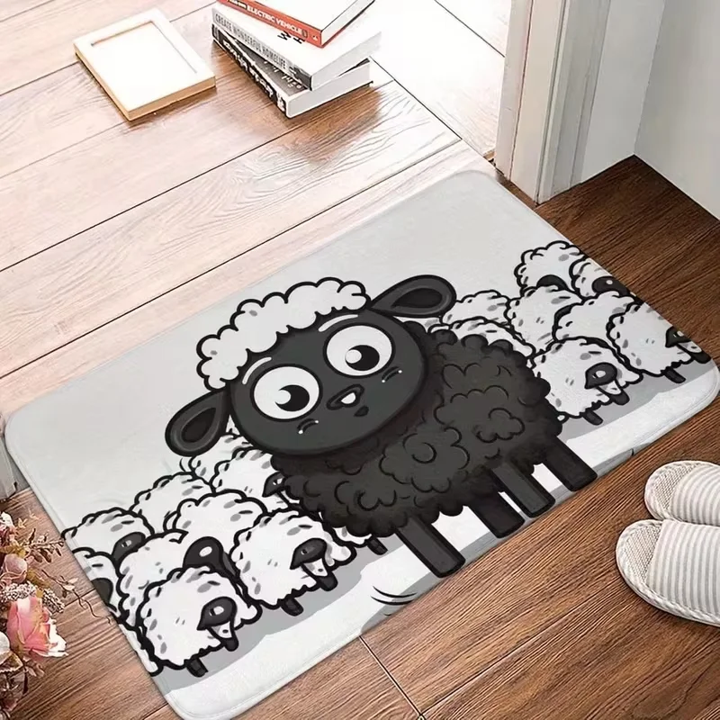 VIKAMA Cartoon Sheep Flock Black Sheep Funny Animal Cloud Art Flannel Door Mat Non Slip Entryway Bedroom Living Room Home Decor