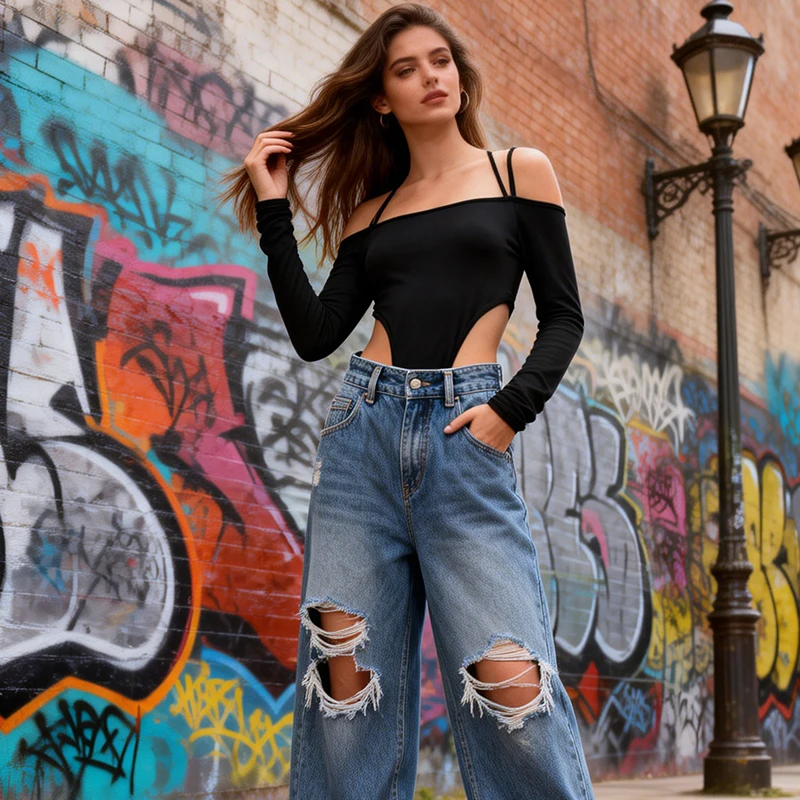 

Сексуальный облегающий топ-боди с открытыми плечами и асимметричными длинными рукавами, однотонный, осенний, женский