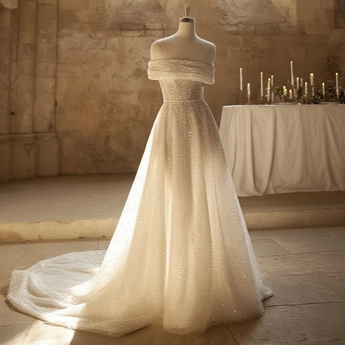 Luxury Beaded Sparkly Lace Wedding Dress Off Shoulder Bridal Party Gown For Women Long Sleeve Ball Gown With Train Vestido Novia