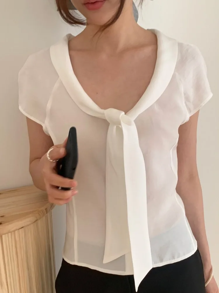 

Ele Summer ort Sve irt for Women Chic Sli Bow Detail High-End Feel Ladies Top Faionable Casual Businwear