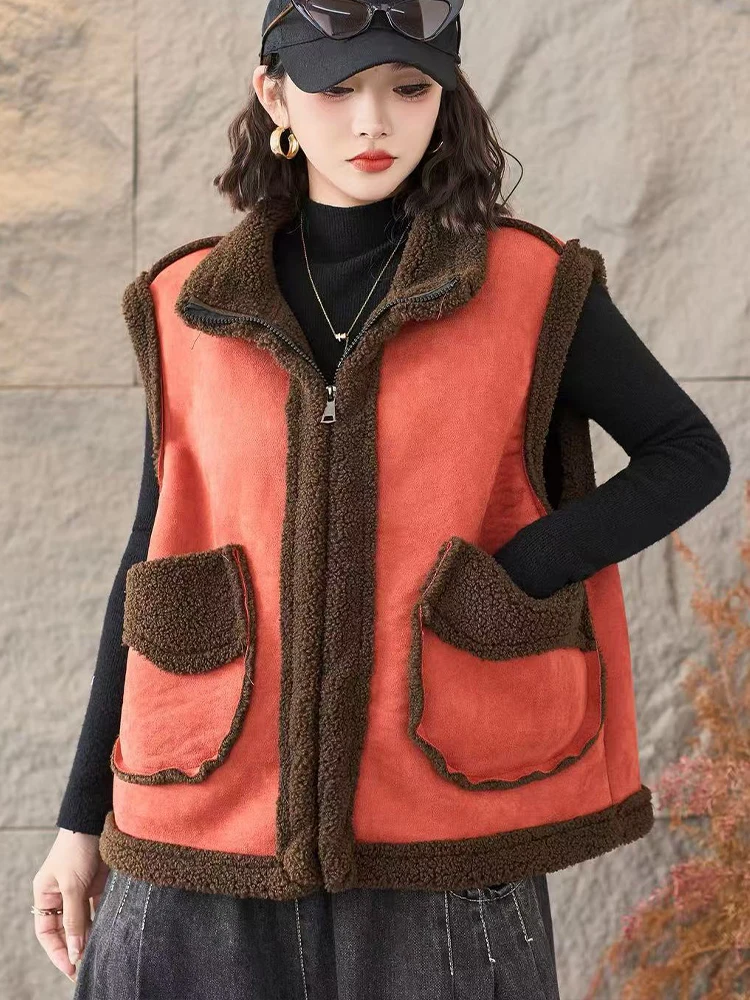 Amax LuluE 韓国製 冬用ベスト レディースファッション 暖かいファー スエード ノースリーブコート 2025 レディース クラシック ルーズ カジュアル ヴィンテージ ベスト