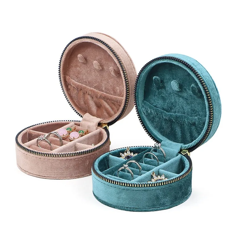 

Round Velvet Jewelry Box Travel Portable Zipper Storage Case For Earrings Necklaces Rings Diamond Pattern Gift For Women