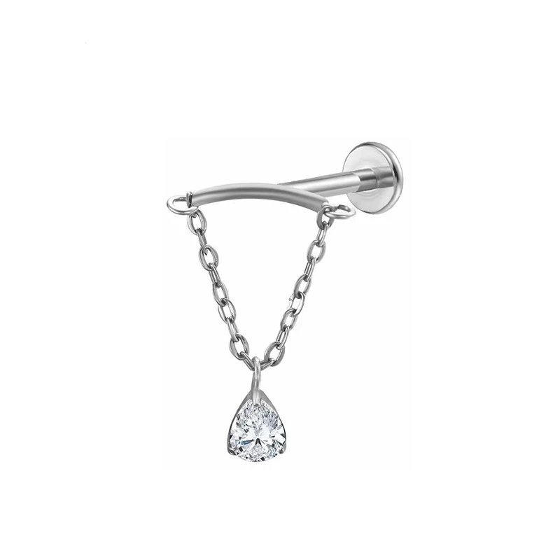 Titanium Piercing Labret Stud with CZ Flower Pendant Chain