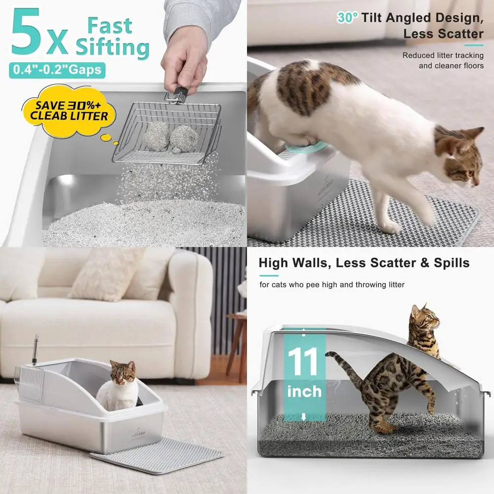 

XL Enclosed Stainless Steel Cat Litter Box with Lid for Large Cats - High Sides, Anti-Leak, Non-Stick, Litter Mat & Scoop Includ