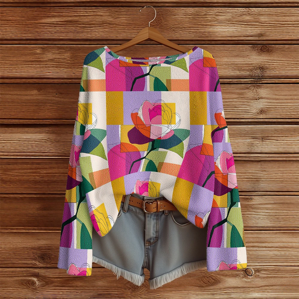 

Повседневные вязаные свитера с цветочным принтом для женщин, модный пуловер, свободный свитер с длинными рукавами, модные уличные джемперы, топы