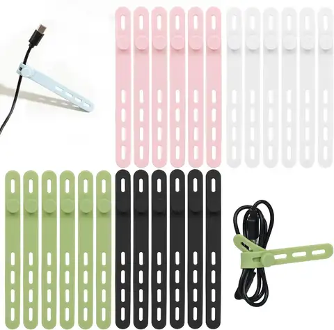 24Pcs Reusable Silicone Cable Ties - Adjustable Cord Organizer with Locking Buckles, Multi-Color, Tangle-Free Solution