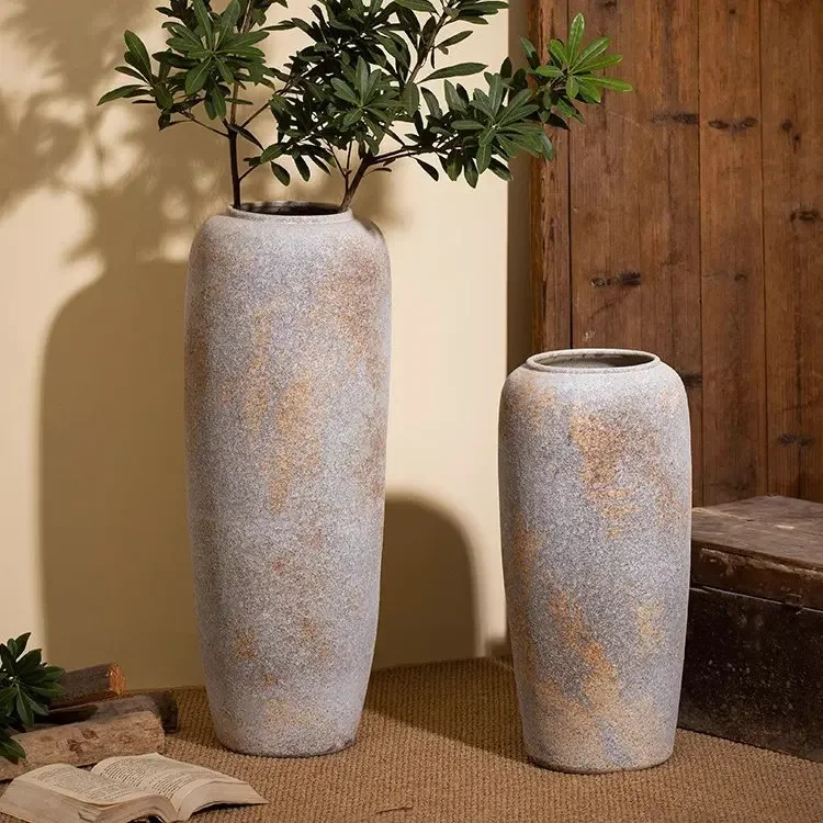 Retro floor to ceiling large vase, rough pottery, old vase decorations, home decoration, flower arrangement large vase