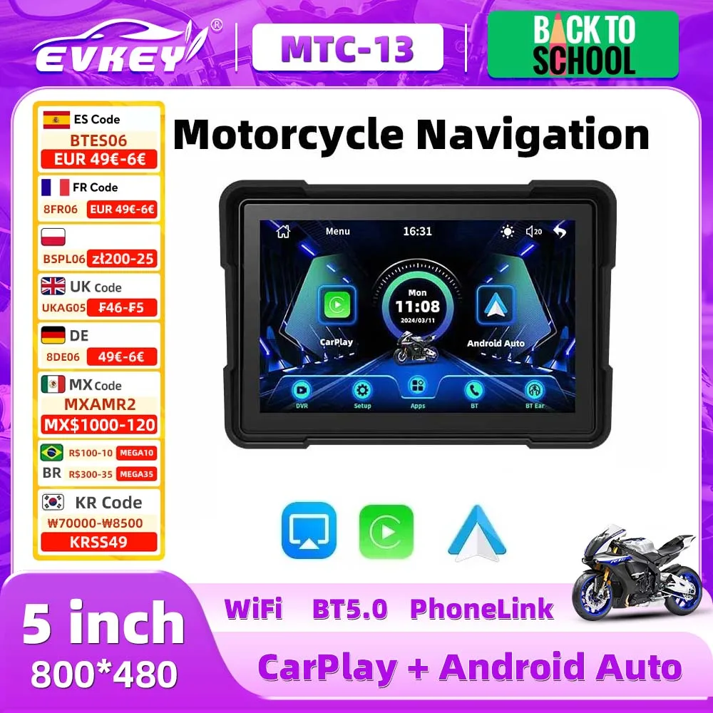 EVKEY 5.0inch MOTO Apple CarPlay Display Screen Navigation Motorcycle Dual Bluetooth Portable Motorcycle Wireless Android Auto