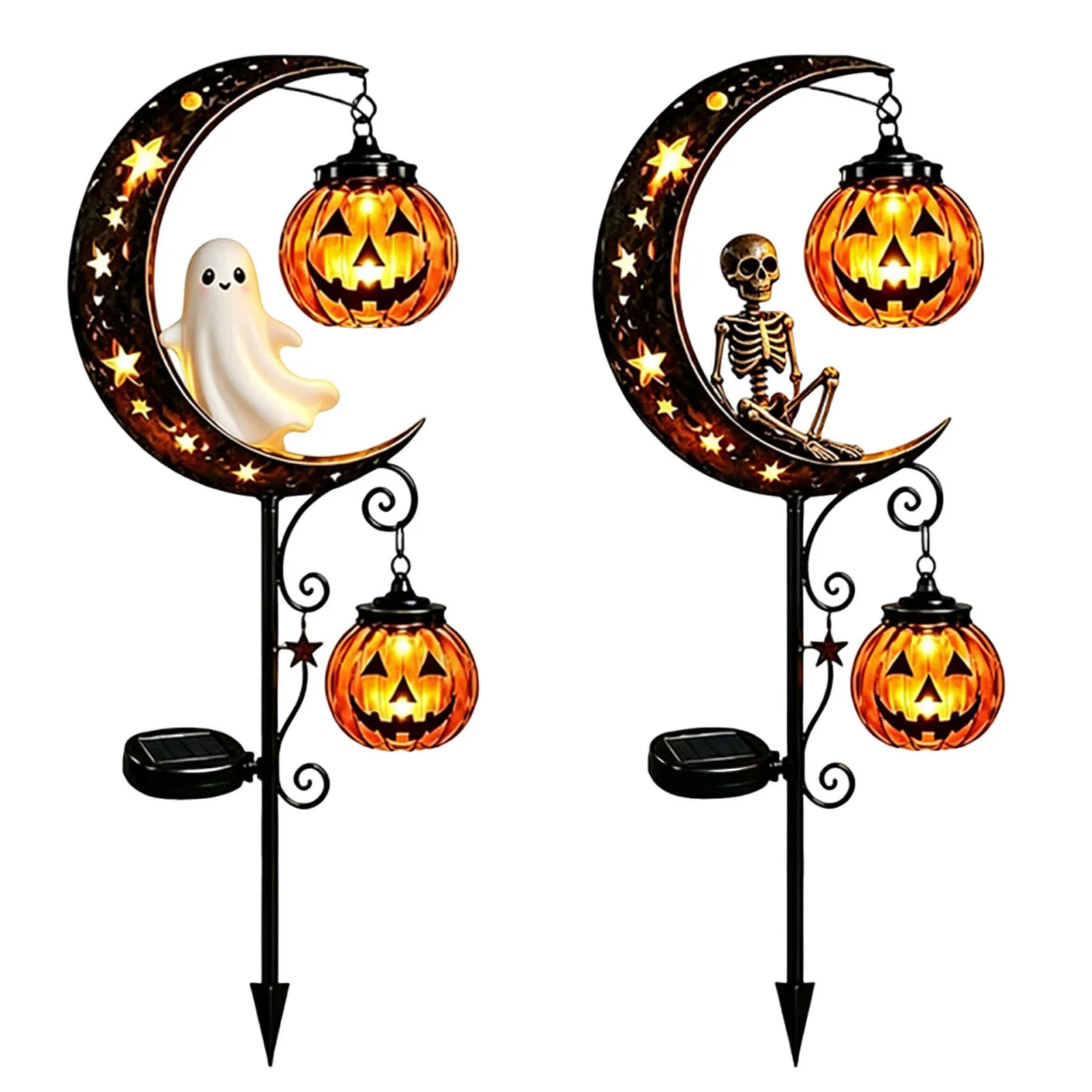 Halloween Skull Ghost Solar Garden Stake Light Moon Pumpkin Stars Lawn Pathway Outdoor Fall Decor Metal