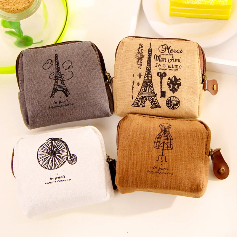 Vintage Paris Coin Purse Korean Small Bag Nostalgic Memory Canvas Coin Bag Urban Simplicity Zipper Wallet Coin Pouch