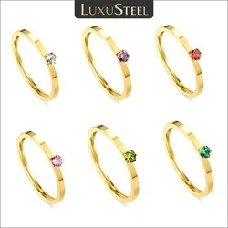 LUXUSTEEL Simple 316L Stainless Steel Rings Colorful Crystal Zircon Stone Luxury Wedding Engagement Finger Jewelry For Women