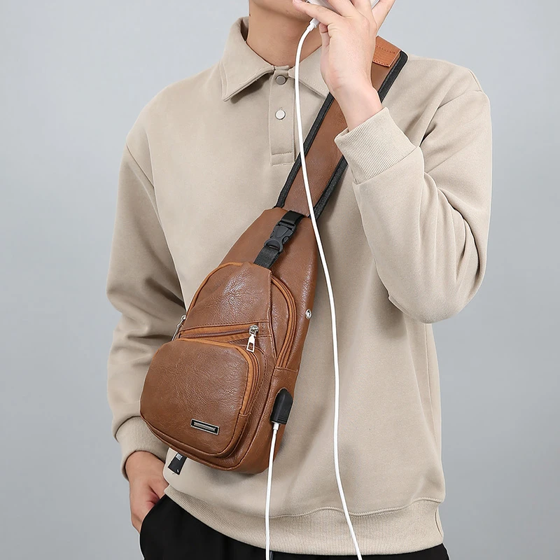 

Simple and Fashionable Casual Solid Color PU Multifunctional USB Charging Zipper MEN'S Chest Bag Crossbody Bag for Commuting