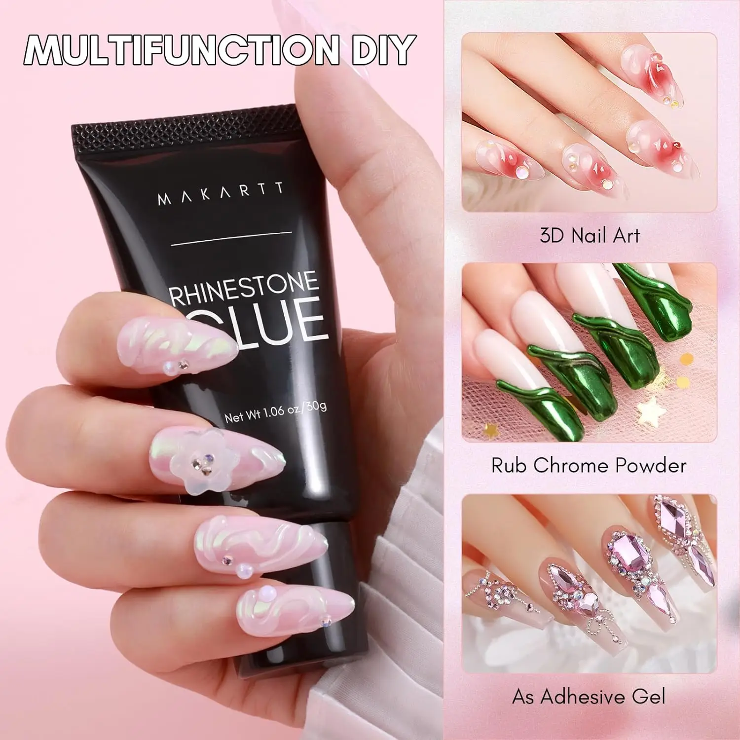 Makartt Nail Rhinestone Glue with Chrome Gel Nail Polish Kit, Super Strong Gel Nail Glue with Silver Metallic Painting Gel Set