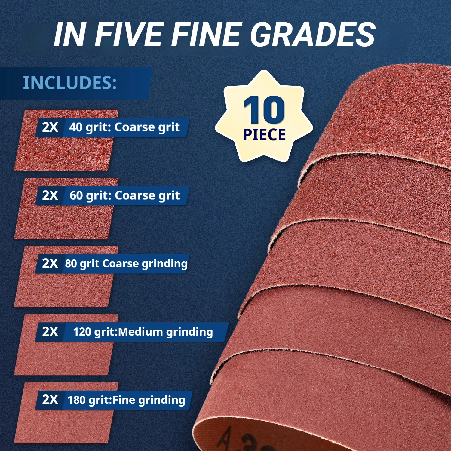 10pcs Sanding Belt Set 75x533mm (3x21inch) 40/60/80/120/180 Grit Aluminum Oxide Abrasive for Sander Woodworking File Belt