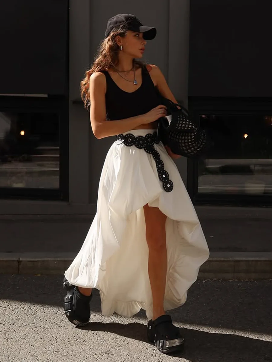 กระโปรงผ้าฝ้ายทรงเอ midi สำหรับผู้หญิง คอลเลคชั่นฤดูใบไม้ผลิ/ฤดูร้อน ปี 2026 ดีไซน์จับจีบแบบไม่สมมาตร สไตล์สตรีทแฟชั่น