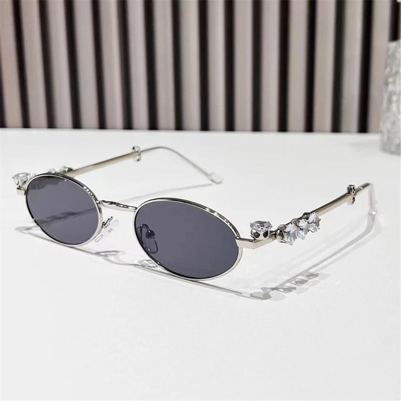 

652F Hip Hop Rhinestones Sunglasses Stylish Decorative Eye Glasses Oval Frame Metal Live Show Party Photo Props