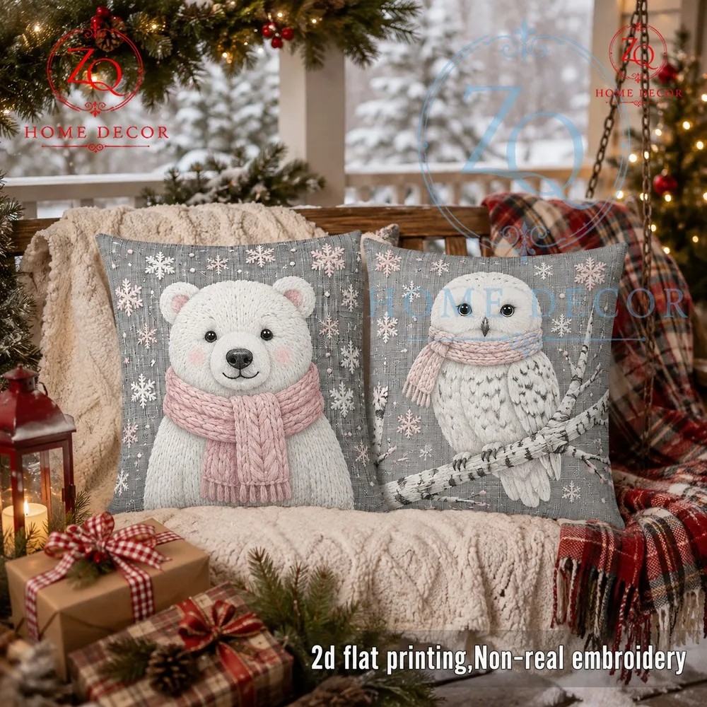 Pink  gray winterthemed throw pillowcases with a knitted feel polar bear  snowy owl print A warm comting home decor item sas