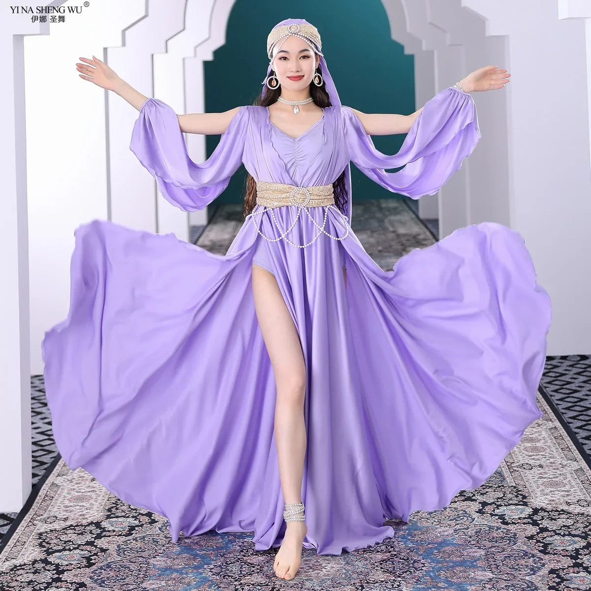 Strój do Tańca Brzucha dla Dorosłych Orientalny Zestaw Taneczny Ludowy Kostium na Występ Szata z Bufiastymi Rękawami Ubranie do Tańca