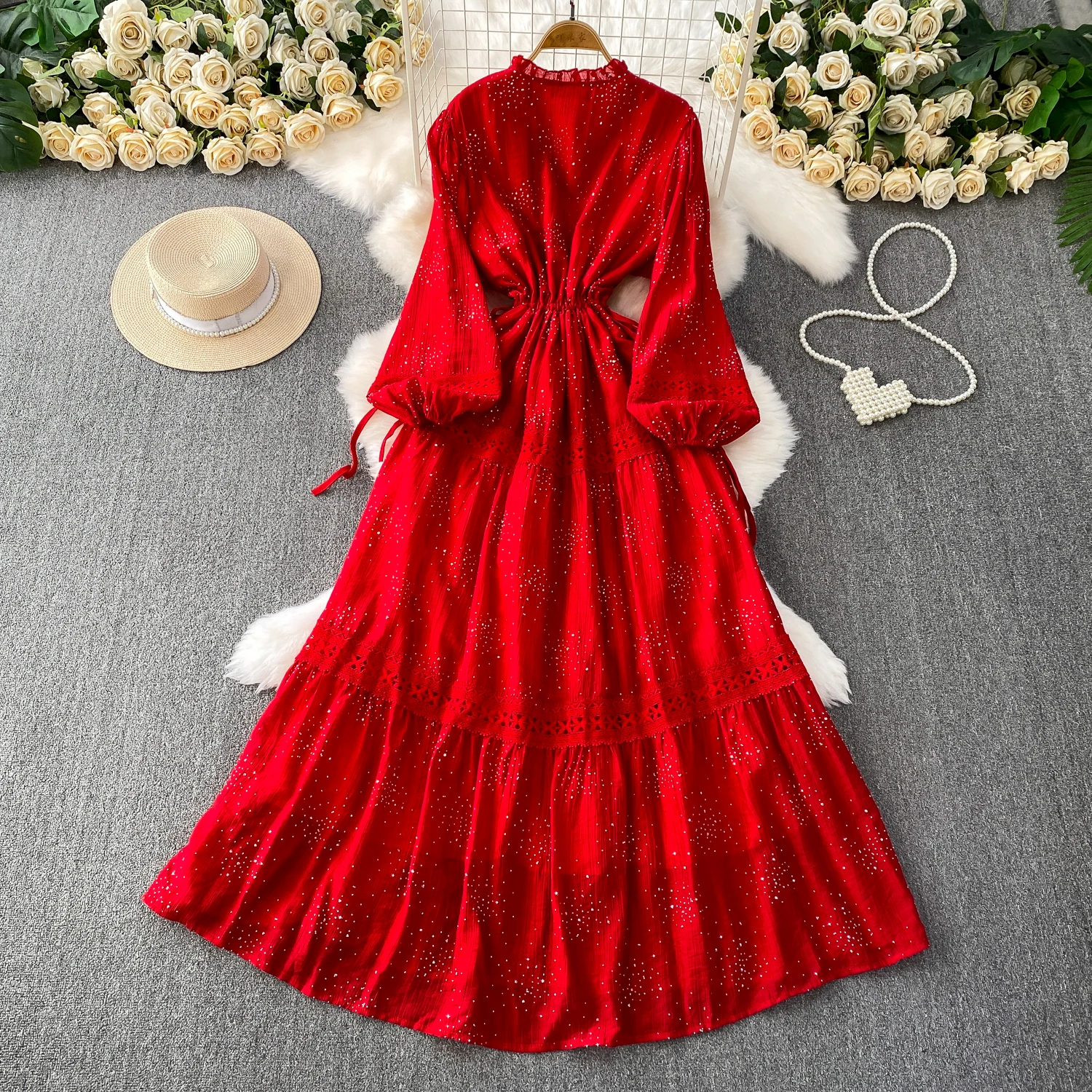 シックなヴィンテージシャーリングドローストリングレースエレガントな妖精韓国ファッションボヘミアンビーチ女性服ロングドレス