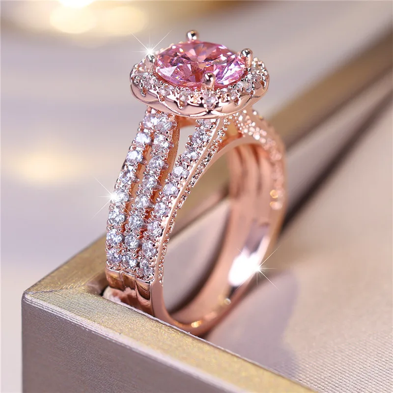 Anillo de compromiso de piedra de circón redondo rosa pequeño de lujo para mujer, joyería de boda para novia de Color oro rosa a la moda, regalo para mujer
