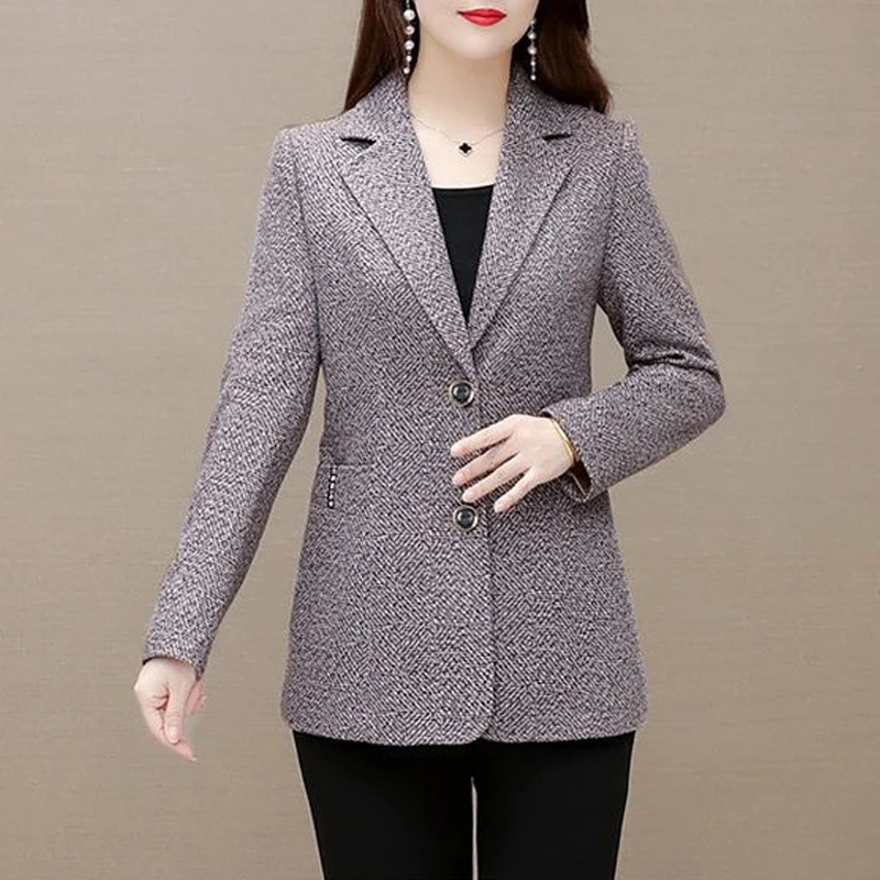 New Middle Aged Women Elegant Fashion Notched Neck Single Breasted Blazer Jacket Spring Autumn Casual Long Sleeve Slim Suit Coat