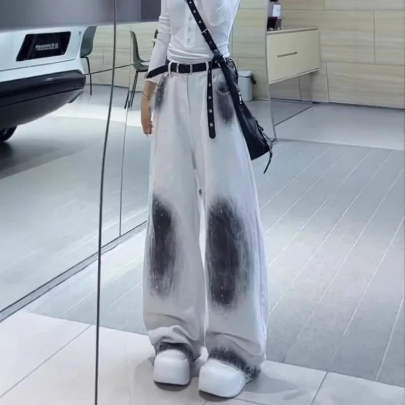 

Широкие джинсы Y2K с граффити, больших размеров, свободного кроя, с высокой талией, женские, белые, в стиле хип-хоп, модные, винтажные, уличная мода