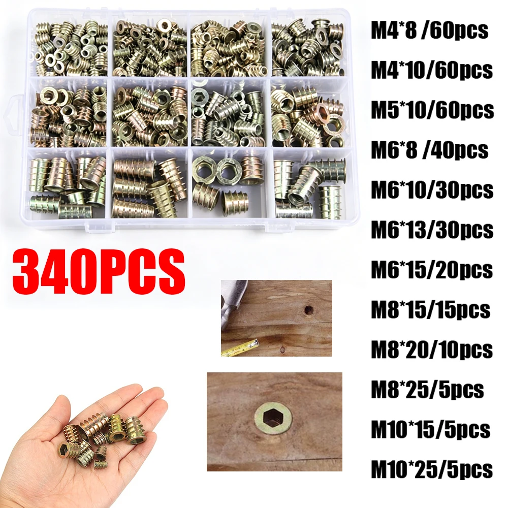 Kit di 9 Inserti Filettati Metrici M4/M5/M6/M8/M10 in Lega di Zinco per Mobili in Legno