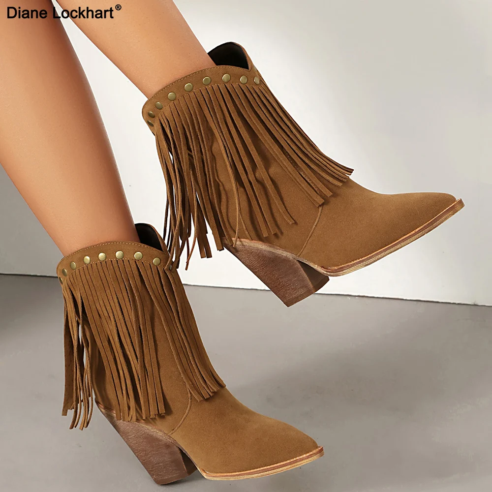 

Suede Tassel Western Cowboy Boots Women 2025 Autumn Pointed Toe Vintage Rivet Ankle Boots Woman Chunky High Heels Short Booties