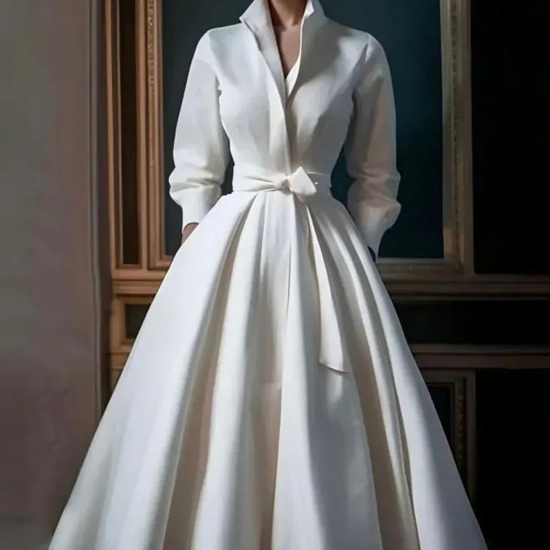 Eleganckie suknie ślubne z długim dekoltem w serek, proste suknie wieczorowe z stójką dla kobiet, suknie wieczorowe na przyjęcia i wesela z długim rękawem.