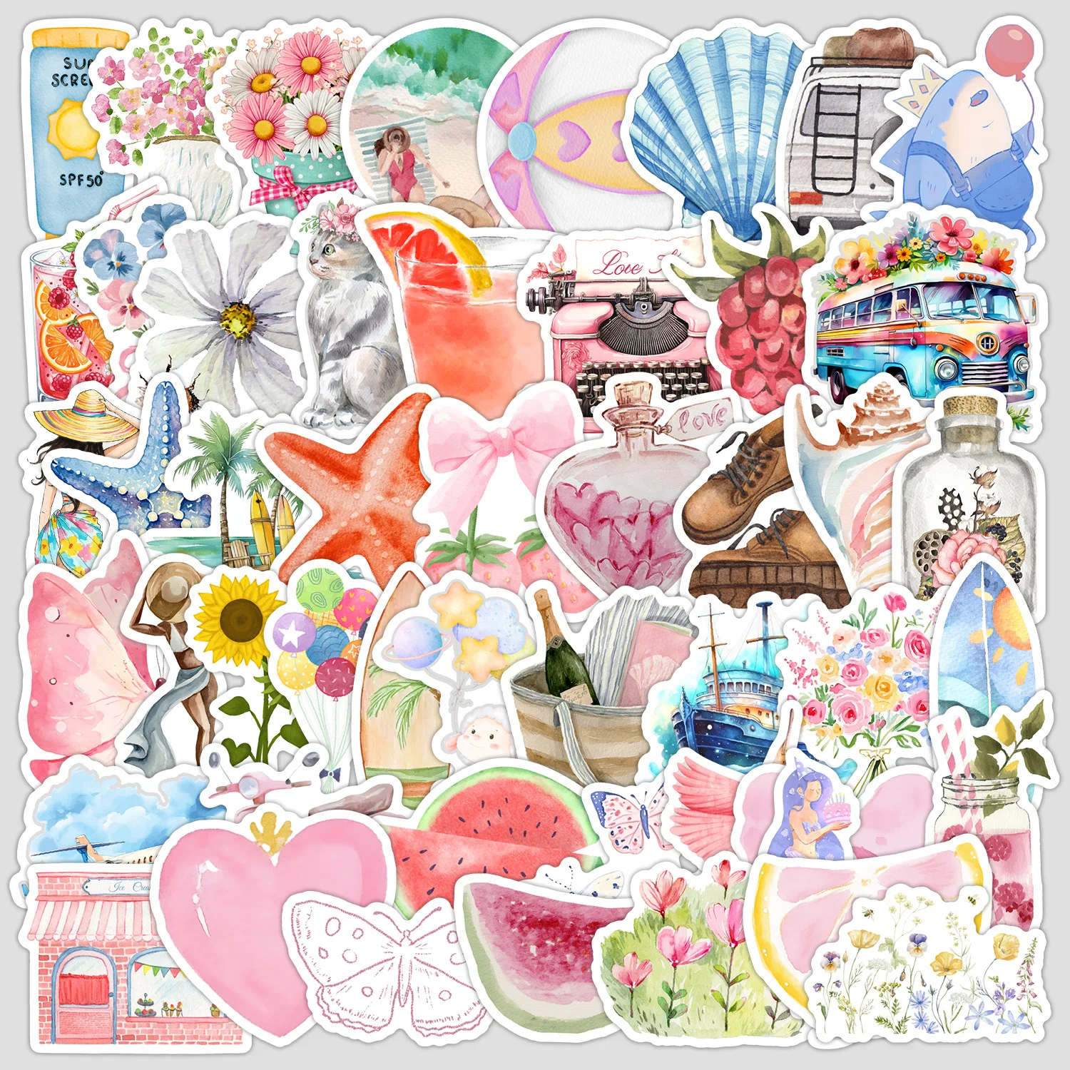 

50PCS Watercolor Diary Sticker Summer Beach Creative Decoration Graffiti Decal for Refrigerator Scrapbook Luggage Phone Case