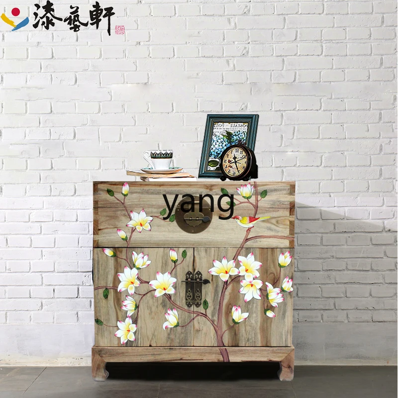 L'm'm Solid Wood Hand Drawn Flowers and Birds Pastoral Antique Sideboard Cabinet Modern Minimalist Entrance Cabinet