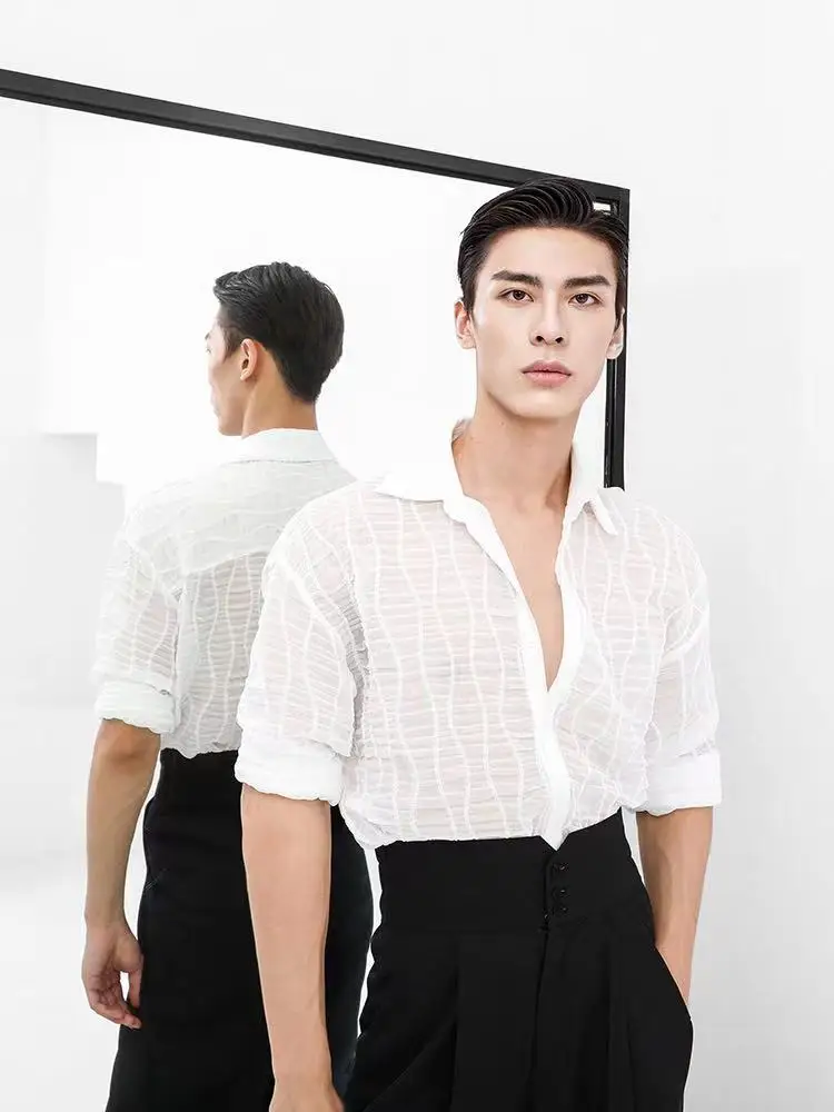 ZYMdancestyle Long Sleeves Latin Dance T-shirt Men\'s Practice Top Wear Deep V Neckline Seethrough Design Charles Shirt #N007