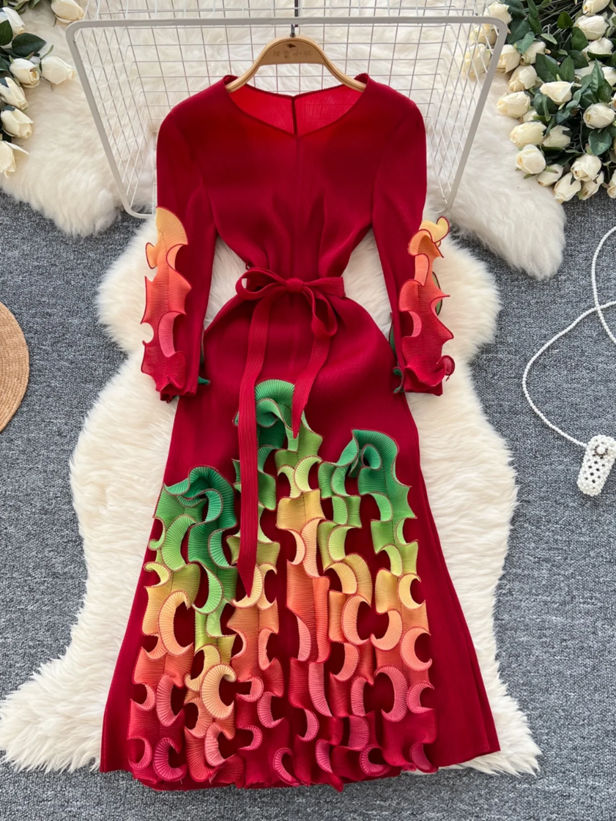 Diseño pado retro Borde de ano de ma Color deadado Cintura con cinturón Vestido de sensación de alta calidad Estil...