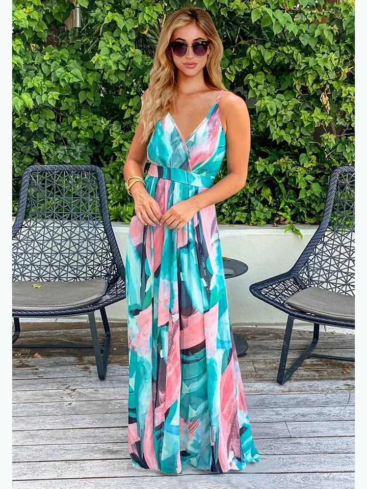 2025 Spring Summer Bohemian Floral Dress Strappy V Neck Sleeveless Dresses Elegant Loose Size Maxi Beach Vacation Party Dress