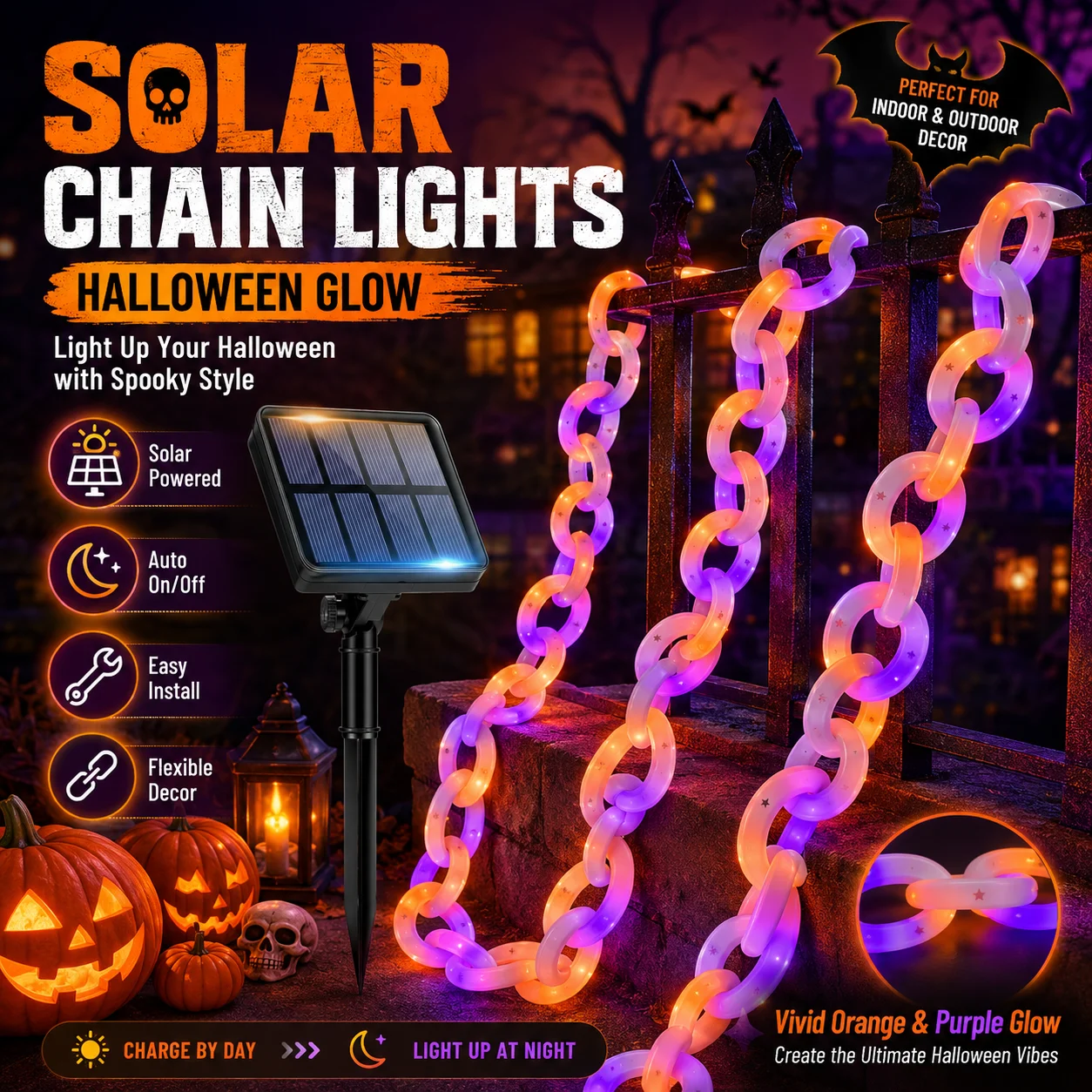 Halloween Solar-Lichterkette Orange Lila LED-Lichterkette für Außenbereich Garten Zaun Veranda Terrasse Hof Party Dekoration