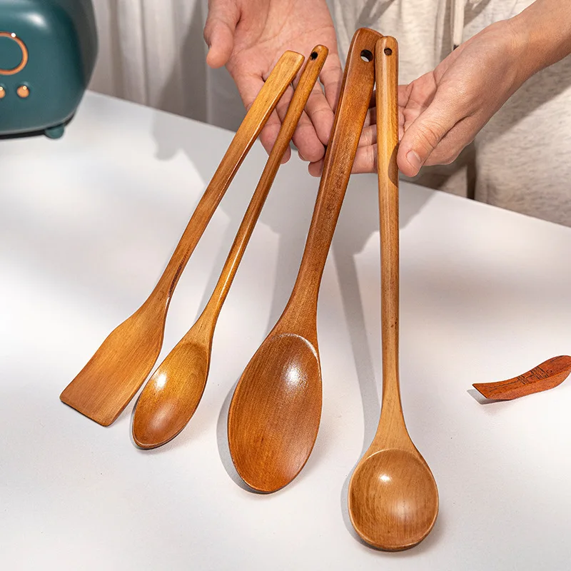 Japanesestyle Long Handle Wooden Spoon Suit Cooking Stir Cooking Spoon Wood Insulated Spoon Baby Food Supplement Spoon Tableware