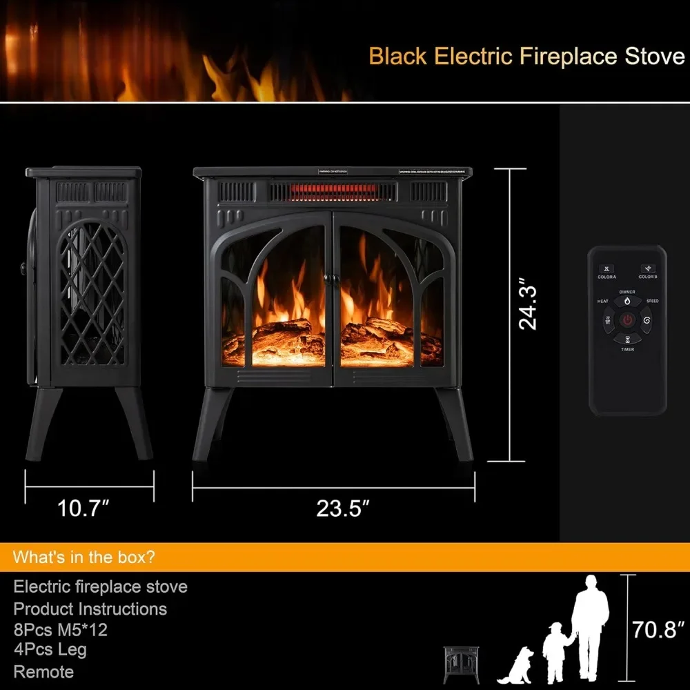 Stufa elettrica per camino da 24 pollici, stufa per camino a infrarossi autoportante, fiamma 3D controllabile, 4 colori a fiamma variabile e Log