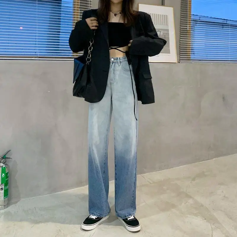 

Fashion Boyfriend Baggy Blue Contrast Color Jeans for Women High Waist Jeans Woman Hot Sale Lady Slouchy Streetwear Denim Pants