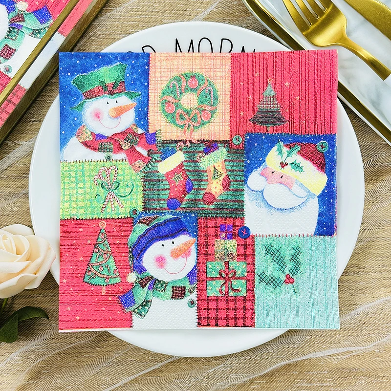 20pcs Printed Napkin Christmas Snowman Coloured Paper Napkins Restaurant Hotel Mouth Cloth Company Party Placemats Paper Napkins