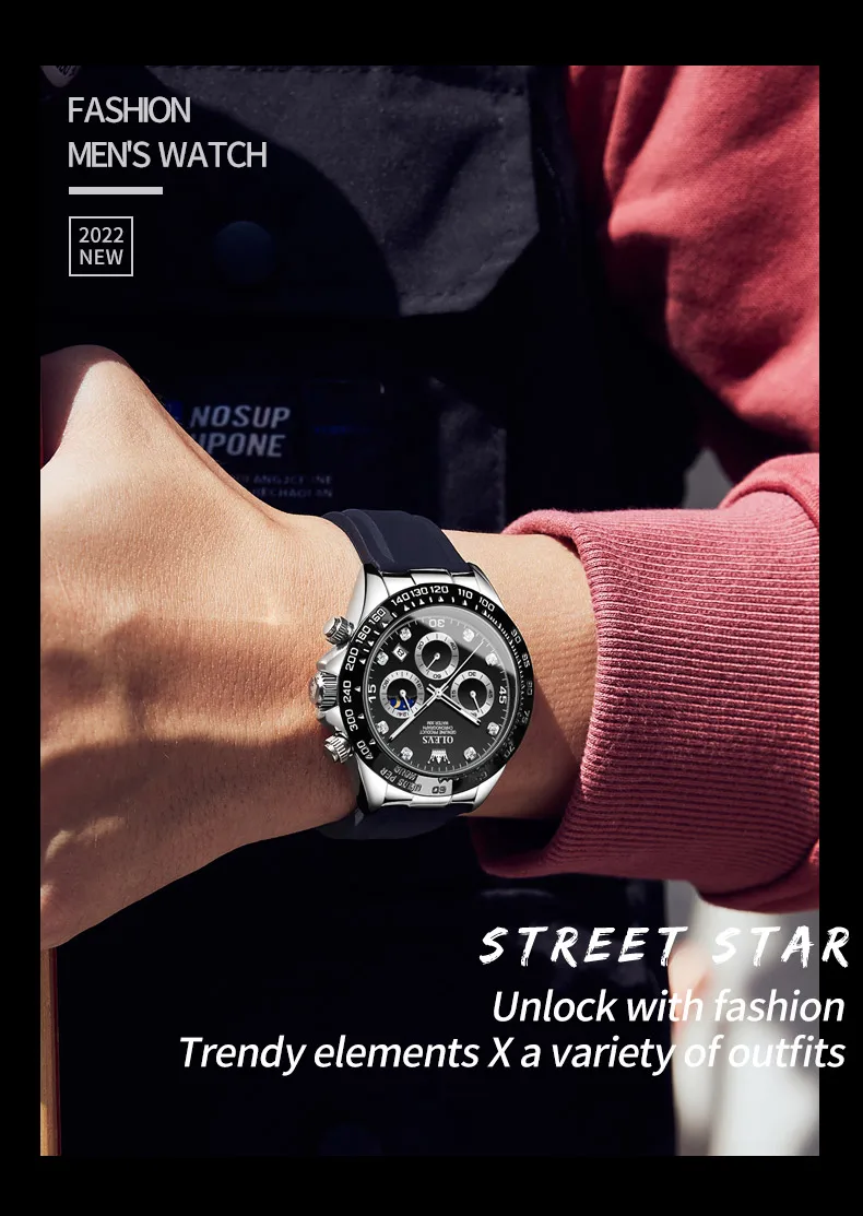 OLEVS 2875 Original Luxus Marke Quarzuhr für Männer Silikon Armband Chronograph Auto Datum Wasserdicht Mond Phase Mann Sport Uhr – Detail 5
