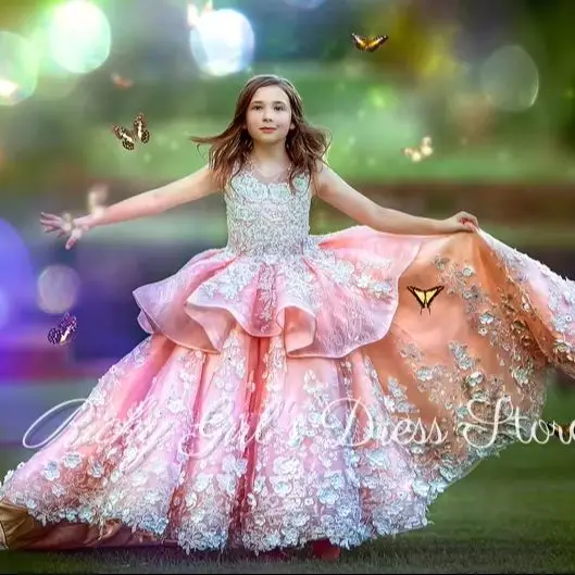 Luxurious Pink Flower Girl Dress Sleeveless Lace Appliques Pearls Skirt For Pageant Birthday Party Ball Gown Customized