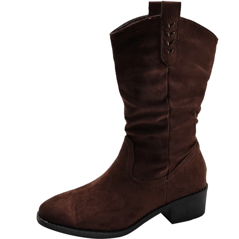 خمر كعب سميك مطوي النساء أحذية بوت قصيرة موضة الارتفاع زيادة فستان أحذية الإناث موجزة الانزلاق على الجوارب فارس