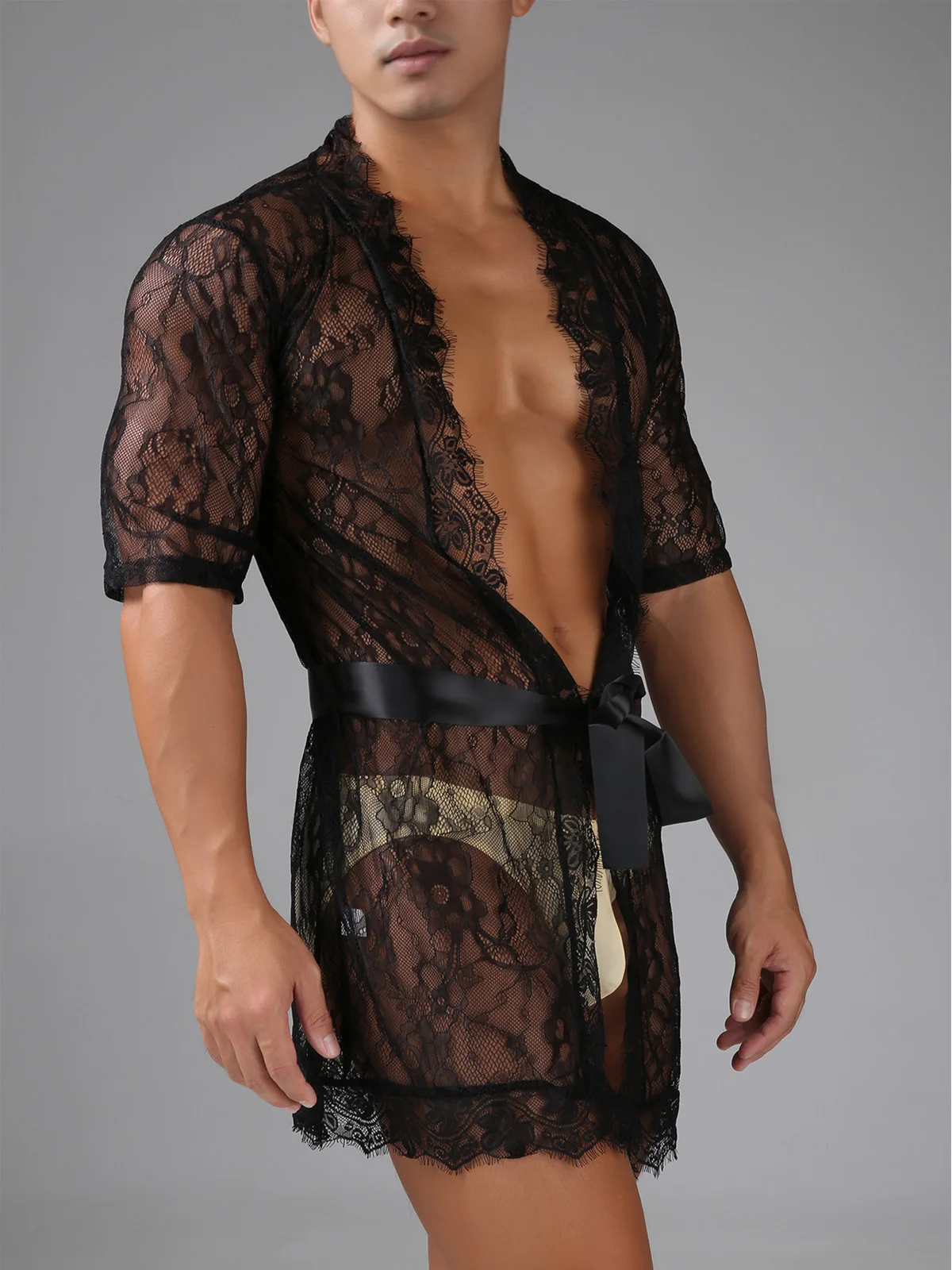 

Мужское нижнее белье, сексуальный кружевной халат, ночная рубашка, прозрачная одежда для переодевания bata hombre, ночной халат с поясом, кимоно, ночная рубашка